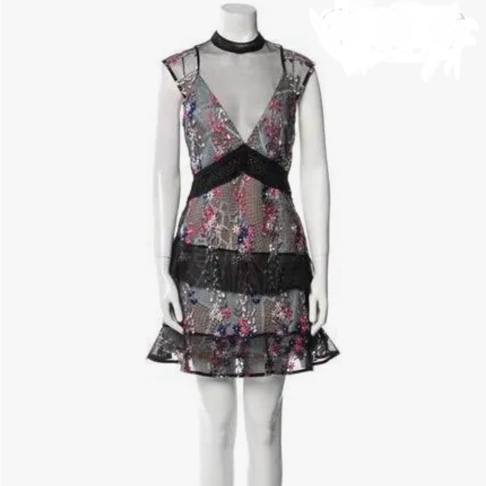 SELF-PORTRAIT Black Mesh & Floral Lace Overlay Mini Dress Size 6